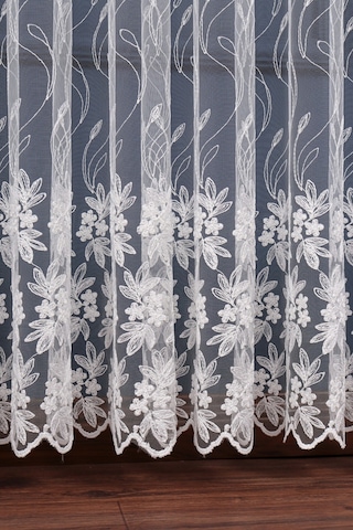 Çiçek Desenli Brode Nakış Işlemeli Tül Perde 1/2.5 Normal Pile Ekru