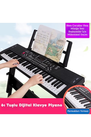 Başlangıç İçin 61 Tuşlu Elektronik Dijital Profosyenel Org Piyano Mikrafonlu Keyboard Siyah