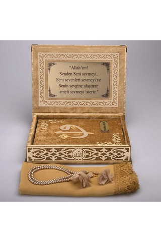 Şal + Tesbih + Kuran Hediye Seti (Orta Boy. Gold. Gold Pleksi) N11.2729