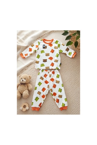 Uğur Bebe Miniworld Erkek Bebek %100 Pamuk Ayıcık Desenli Pijama Takımı Uzun Kollu Yumuşak Nefes Alan Alt Üst Takım Ekru Oranj Ekru Oranj