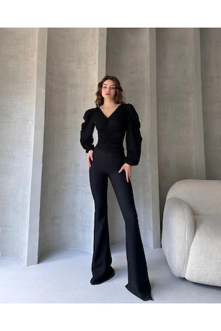 Markahit Defile V Yaka Drape Detaylı Crep Bluz Siyah