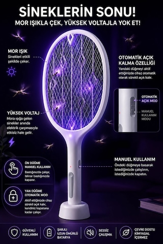 Şarjlı Sinek Öldürücü Sivrisinek Raketi Elektrikli Karasinek Haşere Kovucu Mor Işıklı Sineklik Aleti