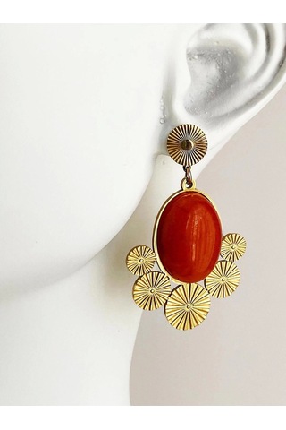 Turuncu Taşlı Vintage Çelik Küpe Çok Renkli