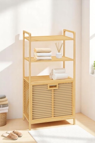 Digithome Bambu Xl Kirli Sepetli 3 Raflı Çok Amaçlı Banyo Düzenleyici Çamaşır Sepeti Organizer Db-0011 Ahşap