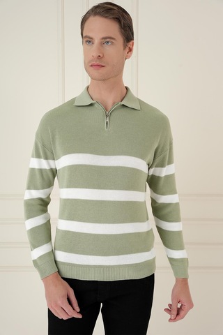 Efor Slim Fit Çizgili Fermuarlı Polo Yaka Yeşil Triko Kazak Tr 877 Yeşil