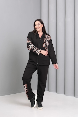 Kapüşonlu Fermuarlı Baskılı Takım Siyah