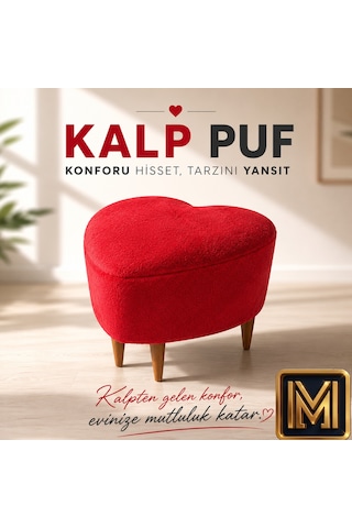Kalp Puf 1 Peluş Kumaşlı Dekoratif Modern Oturma Pufu Yumuşak Dokulu Tabure Konforlu Şık Ve Rahat Tasarım Gürgen Ayaklı Kırmızı