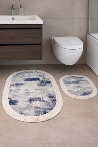 Kaymaz Tabanlı 2 Li Banyo Paspas Seti Yıkanabilir, Su Emici, Toz & Leke Tutmaz Oval Klozet Takımı Kahverengi - Lacivert