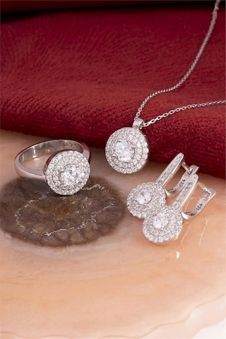925 Ayar Gümüş Rodyumlu Full Zirkon Taşlı Yuvarlak Bayan Takı Seti -8230 Gümüş