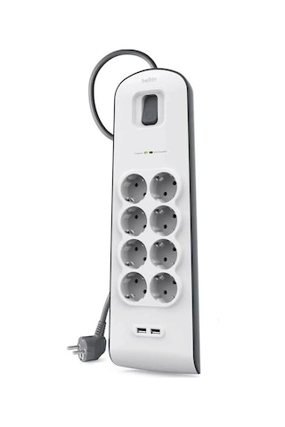 Belkin BSV804VF2M 2xUSB 2.4A Girişli 8'li Akım Korumalı Priz 2 Metre Beyaz