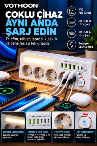 Çoklu Gece Lambalı Üçgen Priz Akım Korumalı 4 Lü Priz 3xusb 3xtype-c Çıkışlı Grup Priz Beyaz Aklby-bsva58 0