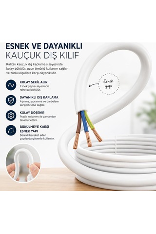 Tr 3x2,5 Mm Cca Ttr Beyaz Renk Kauçuk Topraklı Seyyar Elektrik Kablosu 10 Metre