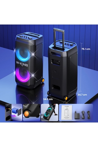 W-kıng T12 Bluetooth Hoparlör, 270w Rms Partybox Ultra Bass, 24 Saate Varan Çalma Süresi, 6 Rgb Işık Modu, Ipx5, Kablosuz Stereo Tws, Otg/usb/tf/aux/bluetooth 5.4, Ses Bombası, Siyah