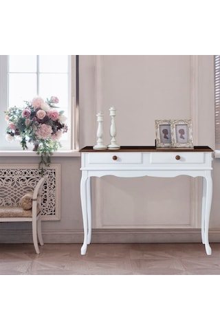 Roys Ahşap 100 Cm Beyaz Üstü Ceviz Çift Çekmeceli  Dresuar Ahşap