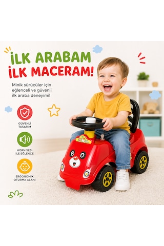 Korna Sesli İlk Arabam Panda Desenli Çocuk Binmeli Oyuncak Araba 45x38x20 Cm 1-3 Yaş Kırmızı