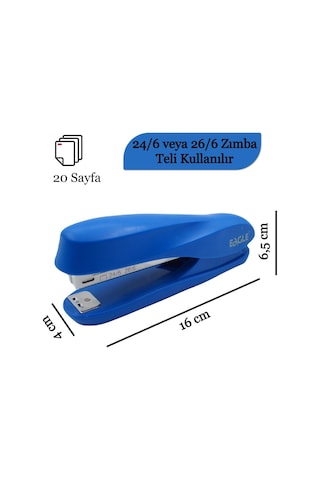 Eagle 20 Sayfa Kapasiteli 24/6-26/6 Zımba Makinası (S7102) Mavi