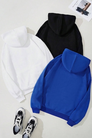 Unisex Düz 3' Lü Baskısız Kapüşonlu Oversize Sweatshirt Bej