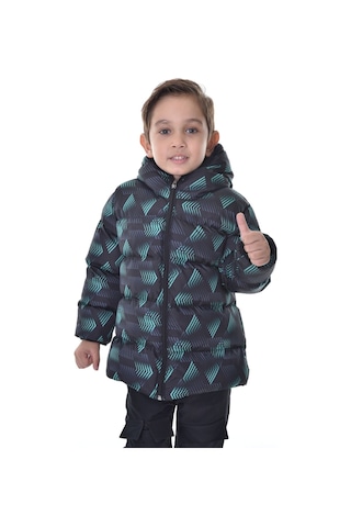 Erkek Çocuk Siyah Yeşil Dijital Desen İçi Polar Su Ve Rüzgar Geçirmez Kapüşonlu Şişme Kışlık Mont Siyah - Yeşil