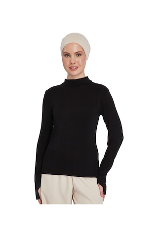 Kadın Organik Parmak Geçmeli Balıkçı Yakalı Body Siyah