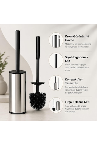 Lexroo Krom Klozet Fırçası, Paslanmaz Görünümlü Tuvalet Fırçası, Siyah Saplı Modern Wc Fırçalık