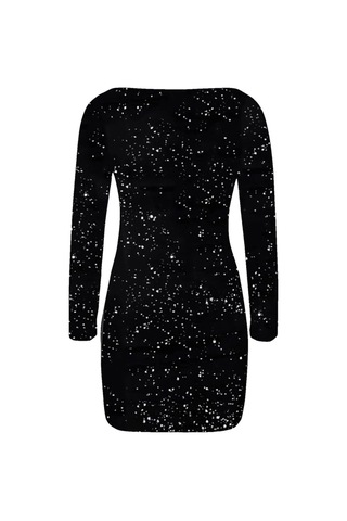 Siyah Uzeri Simli Kumastan Düşük Omuz Bodycon Elbise Siyah