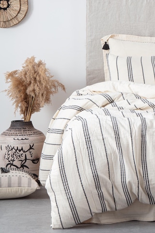 Ecocotton İzgi Çift Kişilik Nevresim Takımı %100 Organik Pamuk Müslin Siyah 200x220 Cm-2262 Siyah