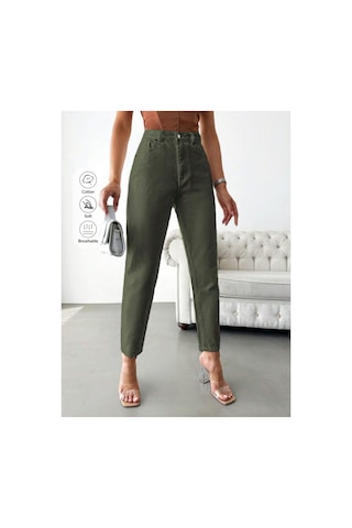Kene Jeans Yüksek Bel Haki Keten Mom Pantolon Haki