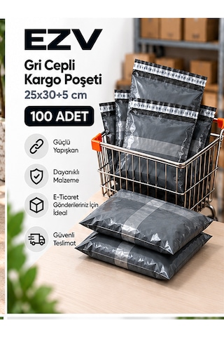 Gri Cepli Kargo Poşeti 25x30+5 Cm 100 Adet