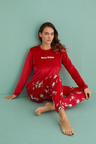 Mihra Stil Mihra 13312-5 Kadın Kışlık Kadife Pijama Takımı Kırmızı