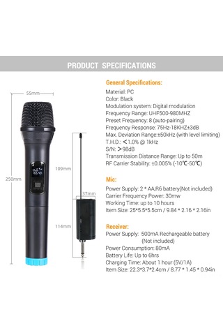 Yifomall Profesyonel Kablosuz Mikrofon Seti - Uhf Çift Kanallı, Şarj Edilebilir Alıcılı, 50m Menzilli, 10 Saat Çalışma Süreli