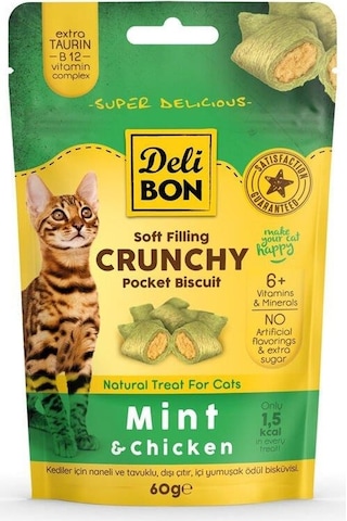 Delibon Crunchy İçi Dolgulu Bisküvi Tavuklu ve Naneli Kedi Ödülü 60 G