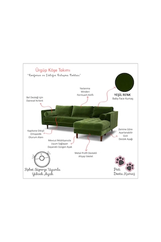 Ürgüp Yeşil Modern Rahat Köşe Takımı Yumuşak Sünger Yüksek Ayak Baby Face Kumaş Pofuduk Sağ Köşe Yeşil