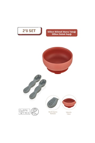 2'li Silikon Bebek Beslenme Seti / Mama Kasesi / Mama Kaşığı - Kiremit Rengi Kiremit