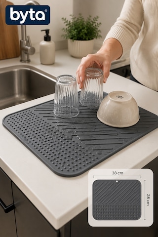 Silikon Mutfak Kurutma Matı 38x28 Cm Tezgah Üstü Bulaşık Kurutma Ve Damlalık Matı Siyah