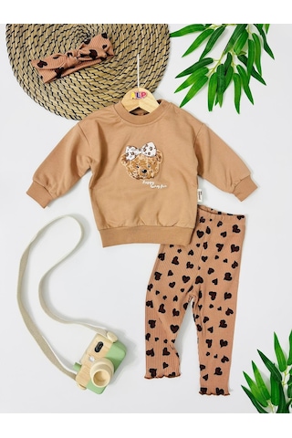 Bear Fiyonk Baskılı Tayt Ve Bandana Leopar Kalp Detaylı 3 Parça Mevsimlik Takım Kahverengi