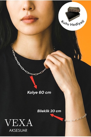 Kararmaz İthal Çelik Ataç Model Zincir Kolye & Bileklik Set Özel Kutulu, Hediyeli Ürün Gümüş