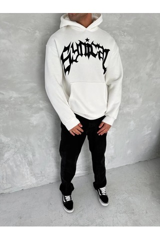 Valensdesign Unisex Üç İplik Kapşonlu Baskılı Sweatshirt - Beyaz