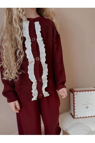 Miniko Kids Kız Çocuk Hırkalı Güpürlü Düğmeli Triko Takım Bordo