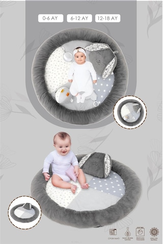 Mordesign Bebek Oyun Alanı, Tavşanlı Bebek Aktivite Matı, Yumuşak Oyun Matı, Baby Gym Serisi, Gri