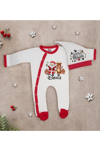 Bk Kids Bk Gift Kişiye Özel Yılbaşı Temalı Tulum Zıbın Ve Kukuletalı Şapka Seti-5 Çok Renkli