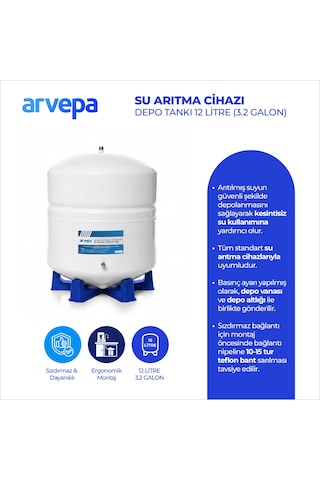 Arvepa Su Arıtma Cihazı 12 Litre (3.2 Galon) Çelik Depo Tankı - Uzun Ömürlü (Vana ve Altlık Dahil)