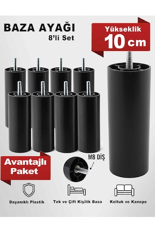 10 Cm M8 Diş 8 Adet Siyah Silindir Mobilya Koltuk Kanepe Baza Ayağı Siyah