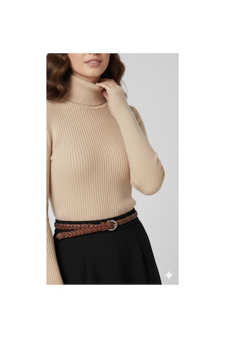Sonbaharmoda Kadın Boğazlı Likralı Triko Badi Parmak Geçmeli Kol, Tek Beden,100% Akrilik Bej