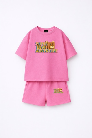 Fasardi Super Bear Adventure Süper Ayı Baskılı Oversize %100 Pamuk Tişört Şort 2li Çocuk Takım Açık Pembe