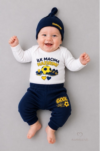 Babyden's Bebek 3'lü Takım Sarı Lacivert Taraftar Temalı Uzun Kol %100 Pamuk Yenidoğan Seti İlk Maçıma Hazırım