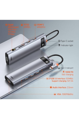Baseus Metal Gleam Series 100W 11 In1 Type-C Hub Adaptör Çoklayı-Gri