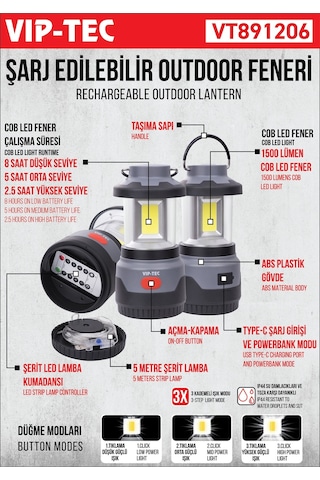 Vıptec Kumandalı Şarjlı Outdoor Kamp Feneri Vt891206 Siyah