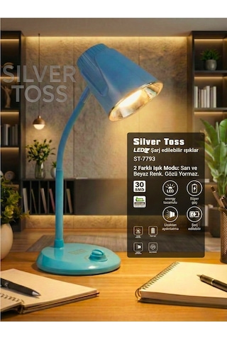 St-7793 Şarjlı Led Masa Lambası - 3000mah Bataryalı, 3 Renk Modlu Ve Dimmerli Esnek Çalışma Işığı Mavi