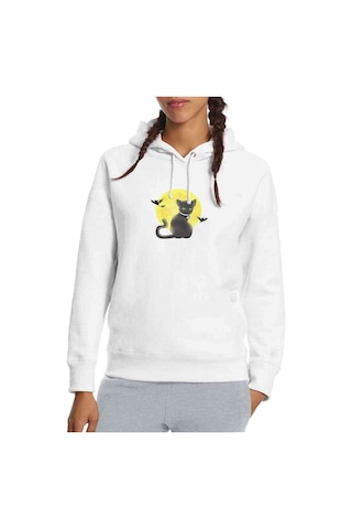 Cat On The Moon Baskılı Beyaz Kadın Kapşonlu Sweatshirt