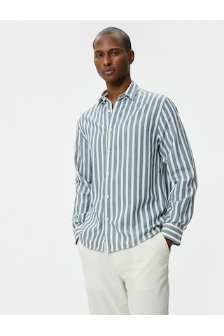 Koton Slim Fit Gömlek Uzun Kollu Klasik Yaka Düğmeli Lacivert Çizgili 4sam60155hw Lacivert